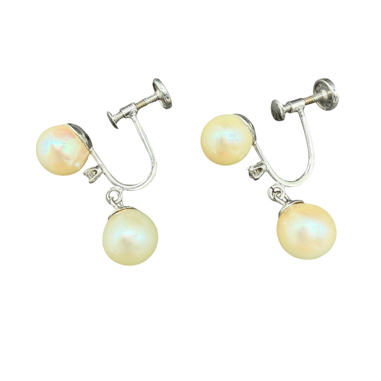1960s 14K White Gold Pearl Drop Earrings with Diamond Studs