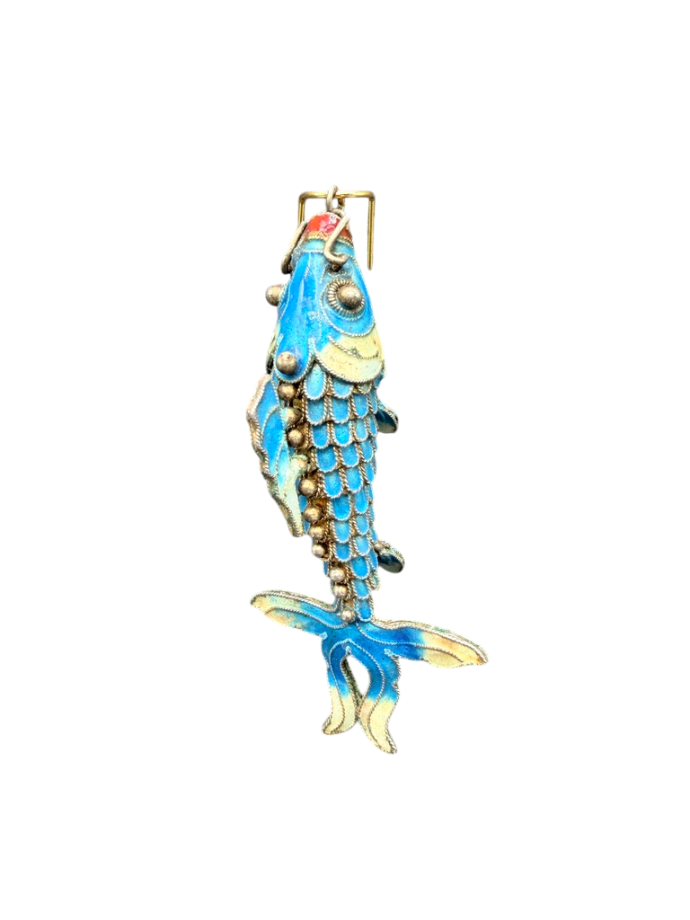1920s Sterling Silver Aqua Cloisonné Enamel Articulated Koi Fish Brooch
