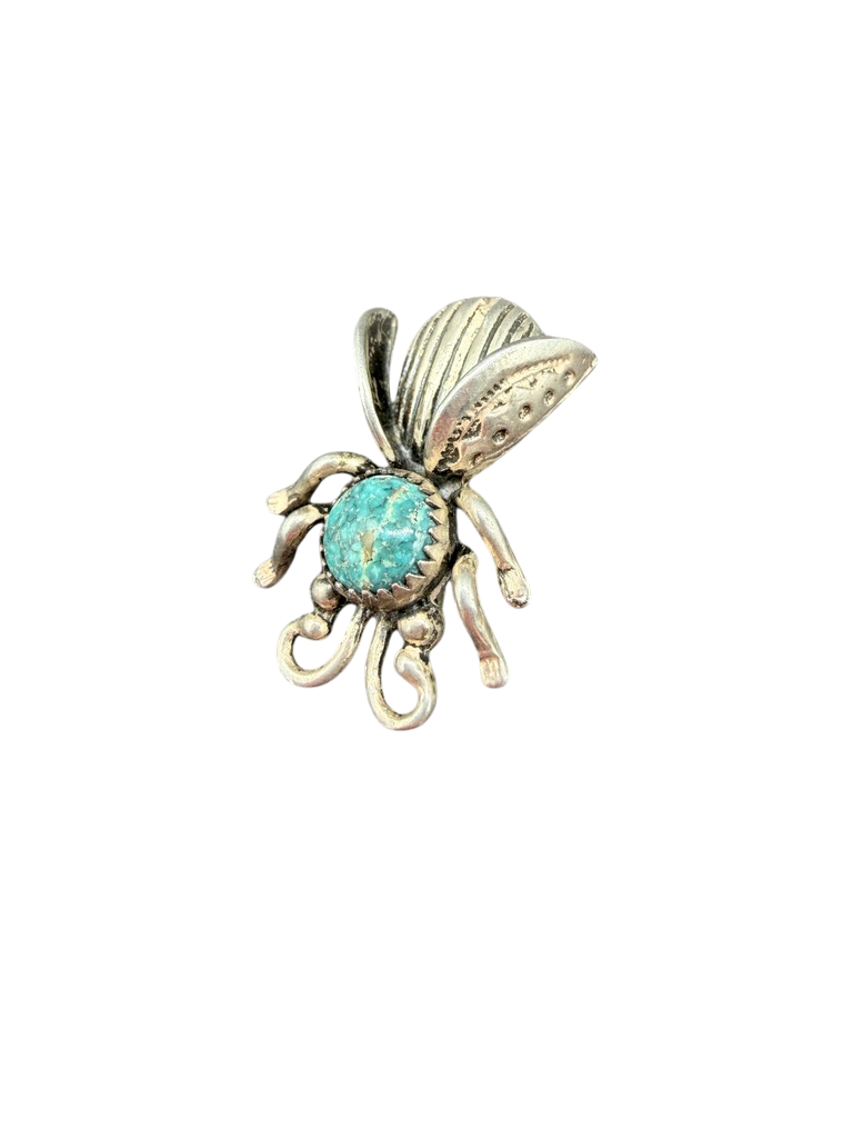1970s Sterling Silver Fly Mini Brooch with Turquoise Detail