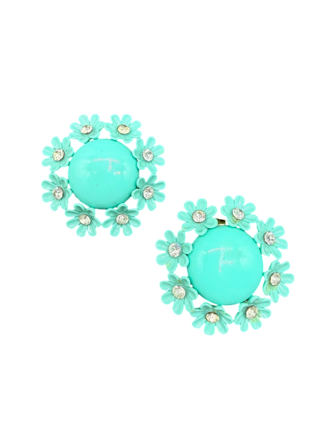 1960s Turquoise Bubble Clip Earrings with Floral Surround