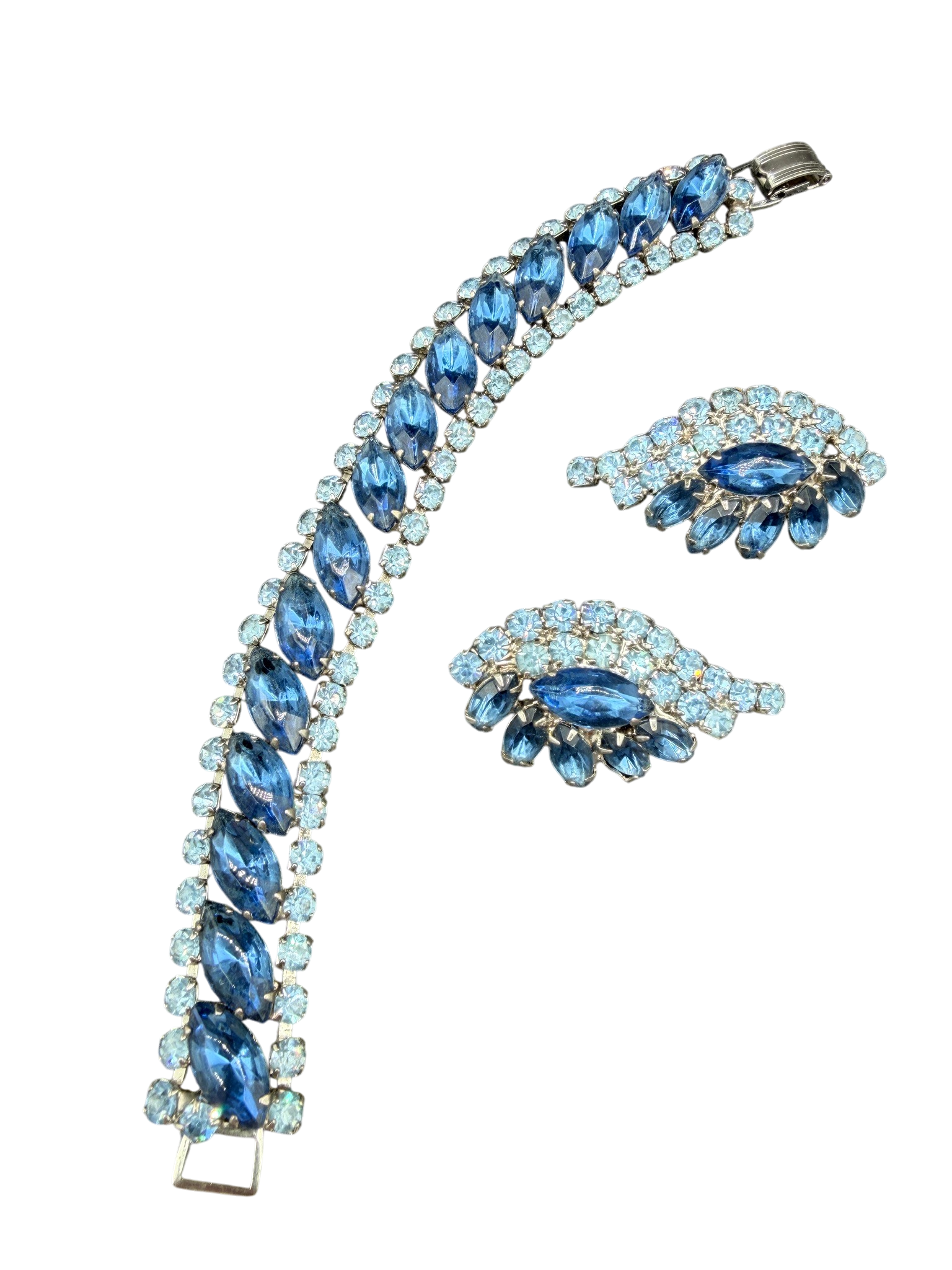 1950s Blue Austrian Crystal Teardrop Earring & Bracelet Set with Marquise Centers (2-Piece)
