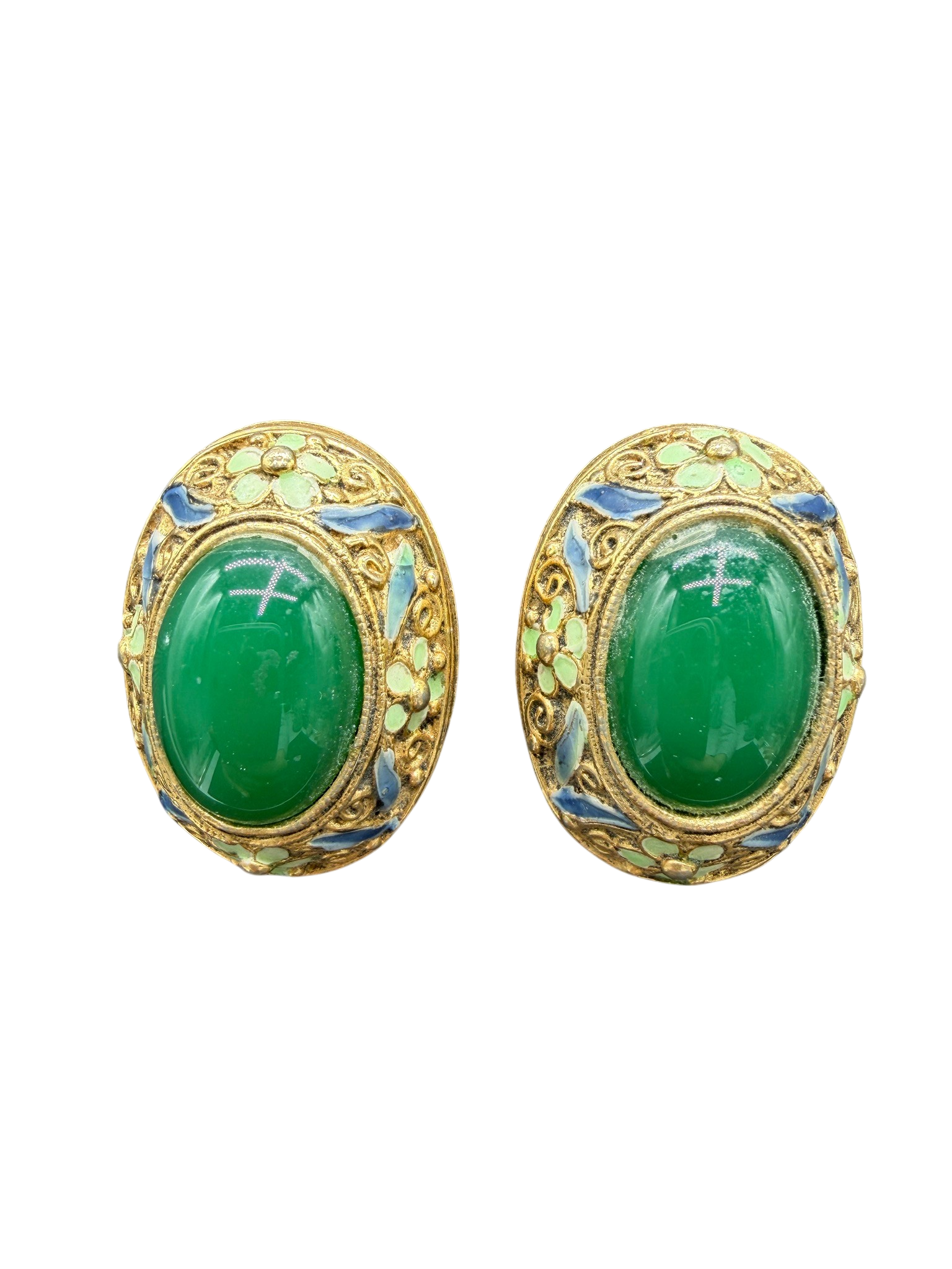 1940s Vermeil Jade Chinese Filigree Clip-On Earrings with Enamel Detail