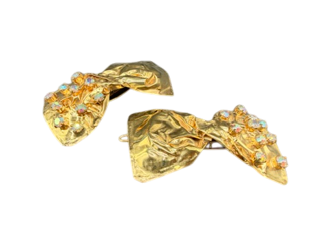 Rare 1980s Haute Couture Gianni De Liguoro Gold Crinkle Bow Hair Barrettes with AB Swarovski Rhinestones