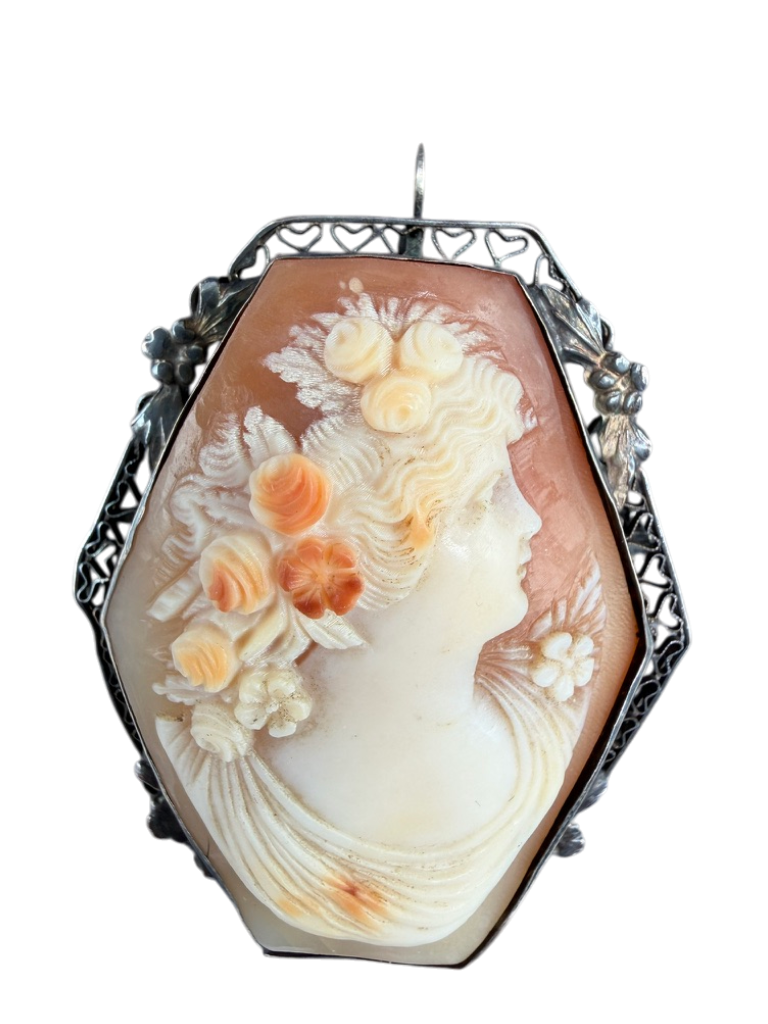 Antique 14K White Gold Filigree Pink Cameo Brooch/Pendant