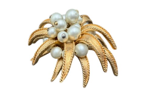 1960s Boucher Gold-Tone Spiked Leaf Tiered Brooch with Faux Pearls