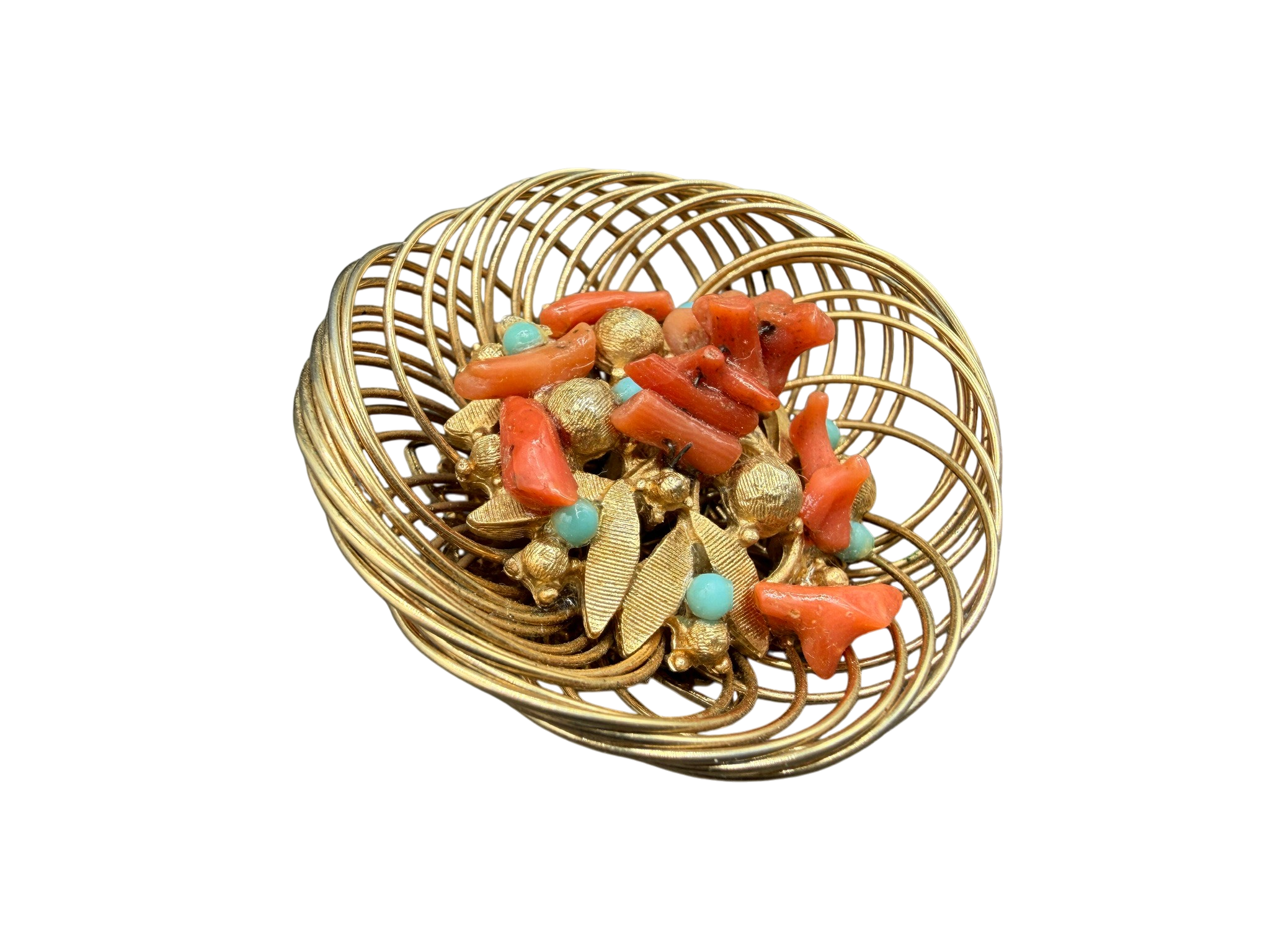 1950s Florenza Gold-Tone Bird’s Nest Brooch with Coral and Pearl Cluster