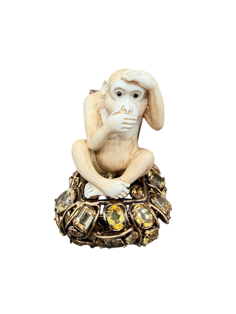 1990s Iradj Moini “Speak No Evil” Bone Monkey Brooch with Smoky Quartz