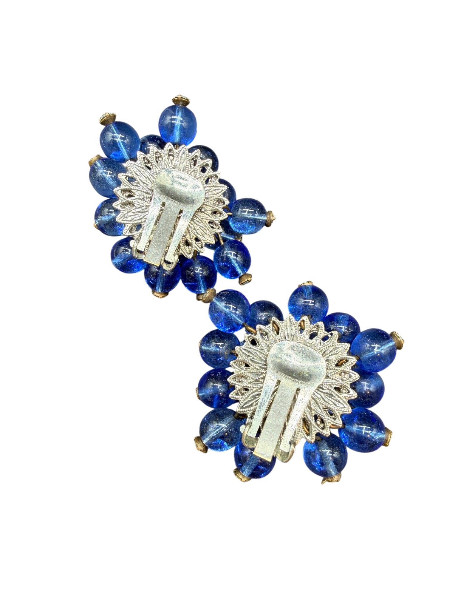 1950s Miriam Haskell Cobalt Glass Beaded Wire Clamper Bracelet with Dangle Ends and Matching Earrings