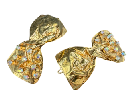 Rare 1980s Haute Couture Gianni De Liguoro Gold Crinkle Bow Hair Barrettes with AB Swarovski Rhinestones