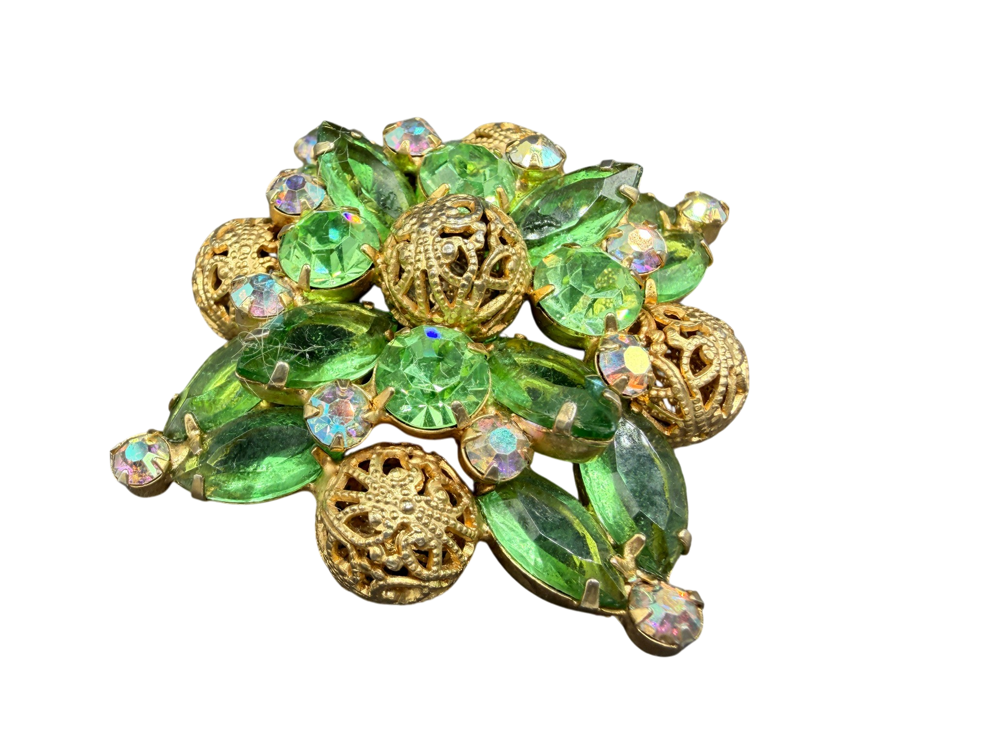 1950s Gold-Tone Diamond Shape Brooch with Filigree Beads and Green Austrian Crystals