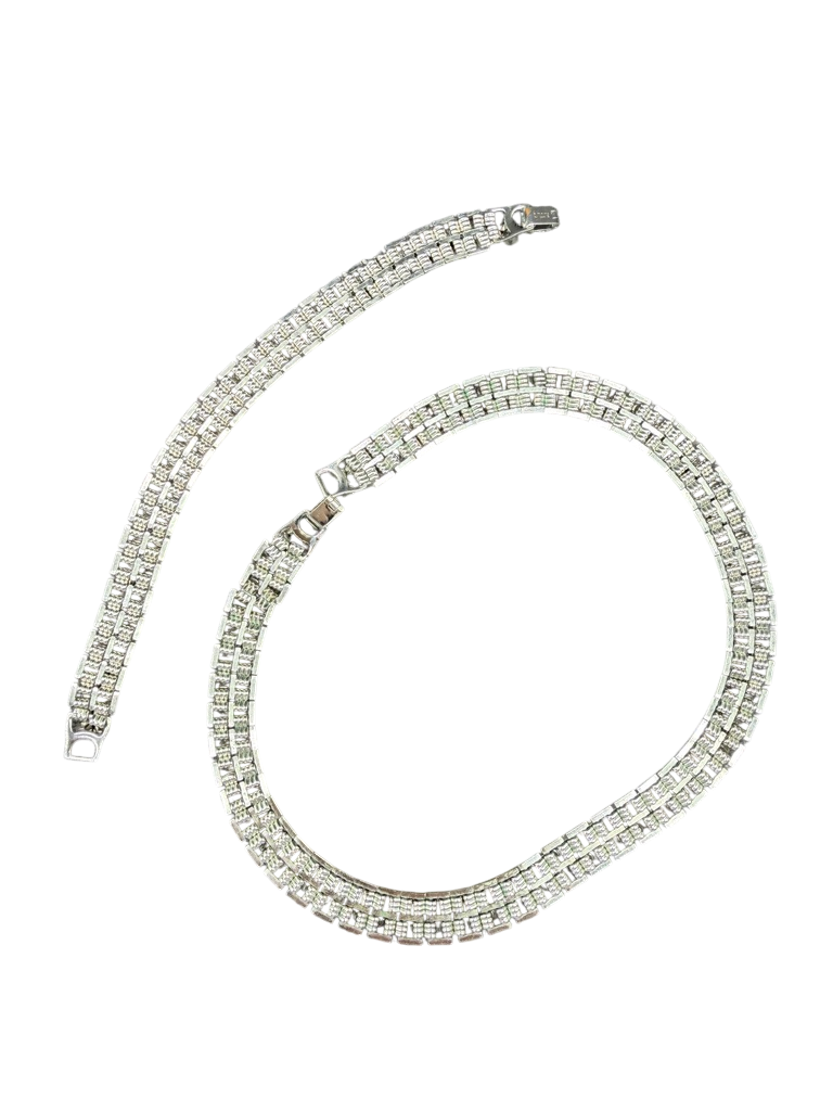 1950s Clear Rhinestone Baguette &amp; Round Link Choker Necklace and Bracelet Set