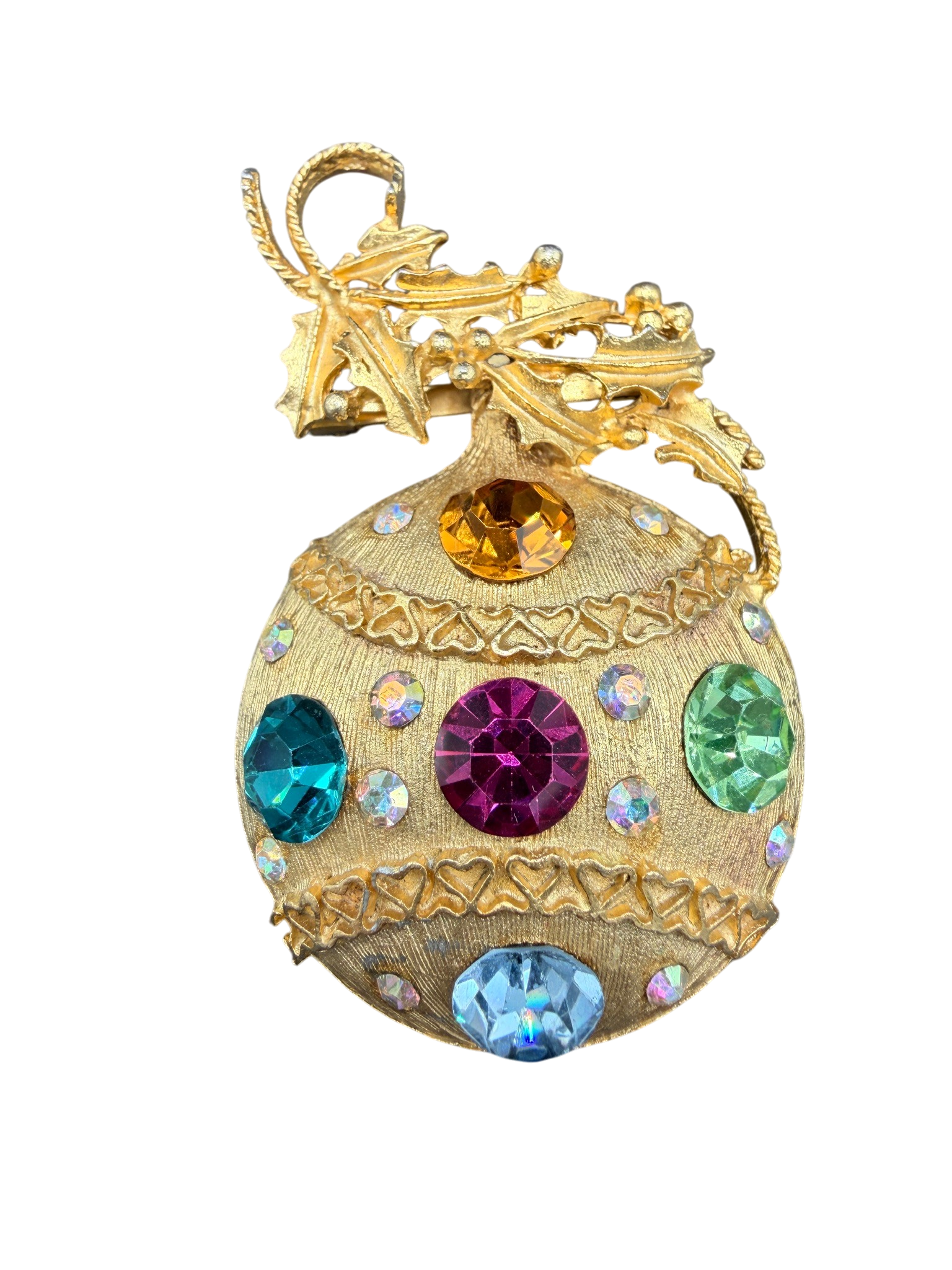 1960s Gold-Tone Holly Branch Brooch with Rhinestone Ornament Detail