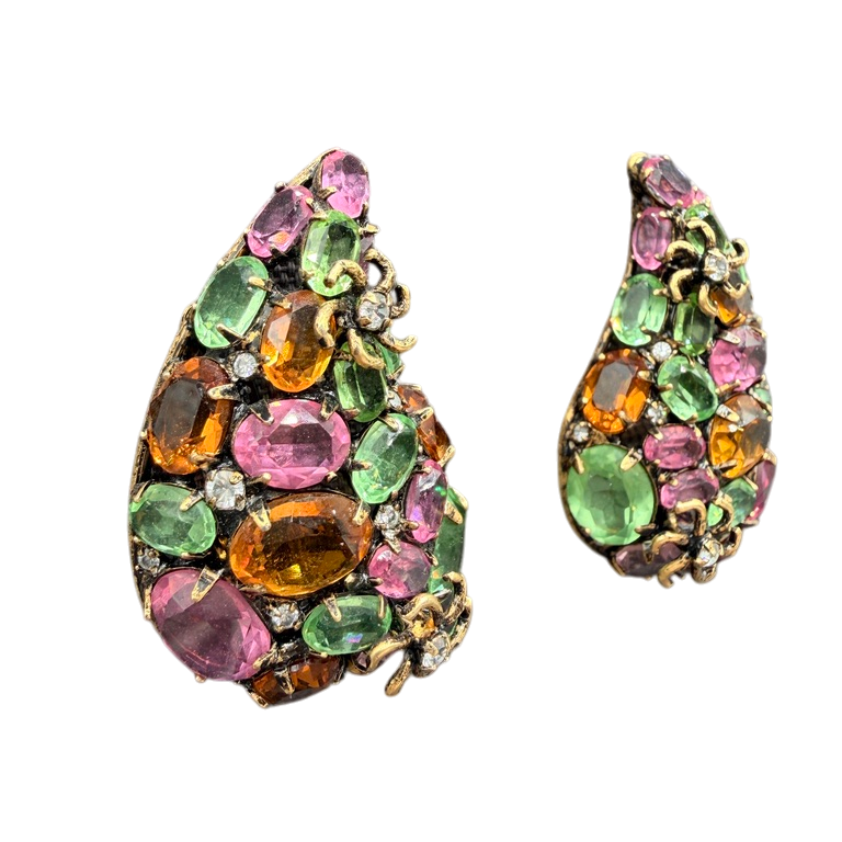 1980s Iradj Moini Paisley-Shaped Clip Earrings with Colored Crystals