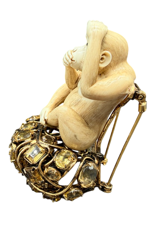 1990s Iradj Moini “Speak No Evil” Bone Monkey Brooch with Smoky Quartz