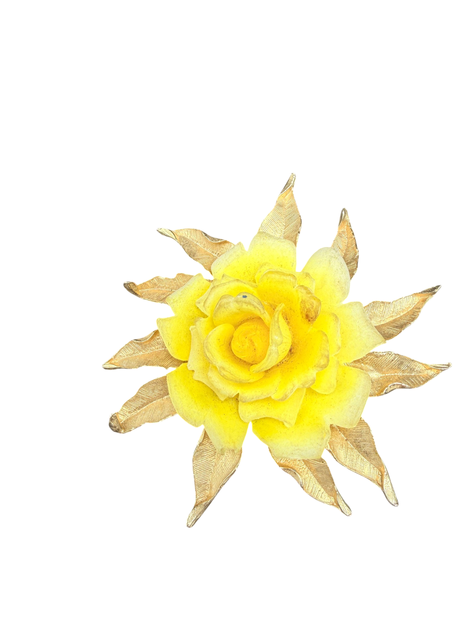 1960s Gold-Tone Leaf Brooch with Yellow Celluloid Rose Center