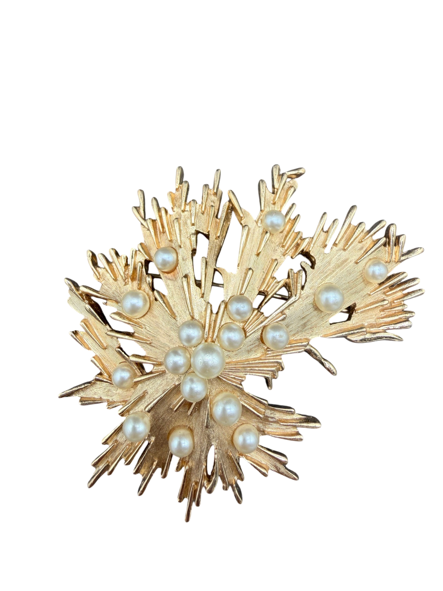 1960s Trifari Gold-Tone Brutalist Spiked Brooch with Faux Pearls