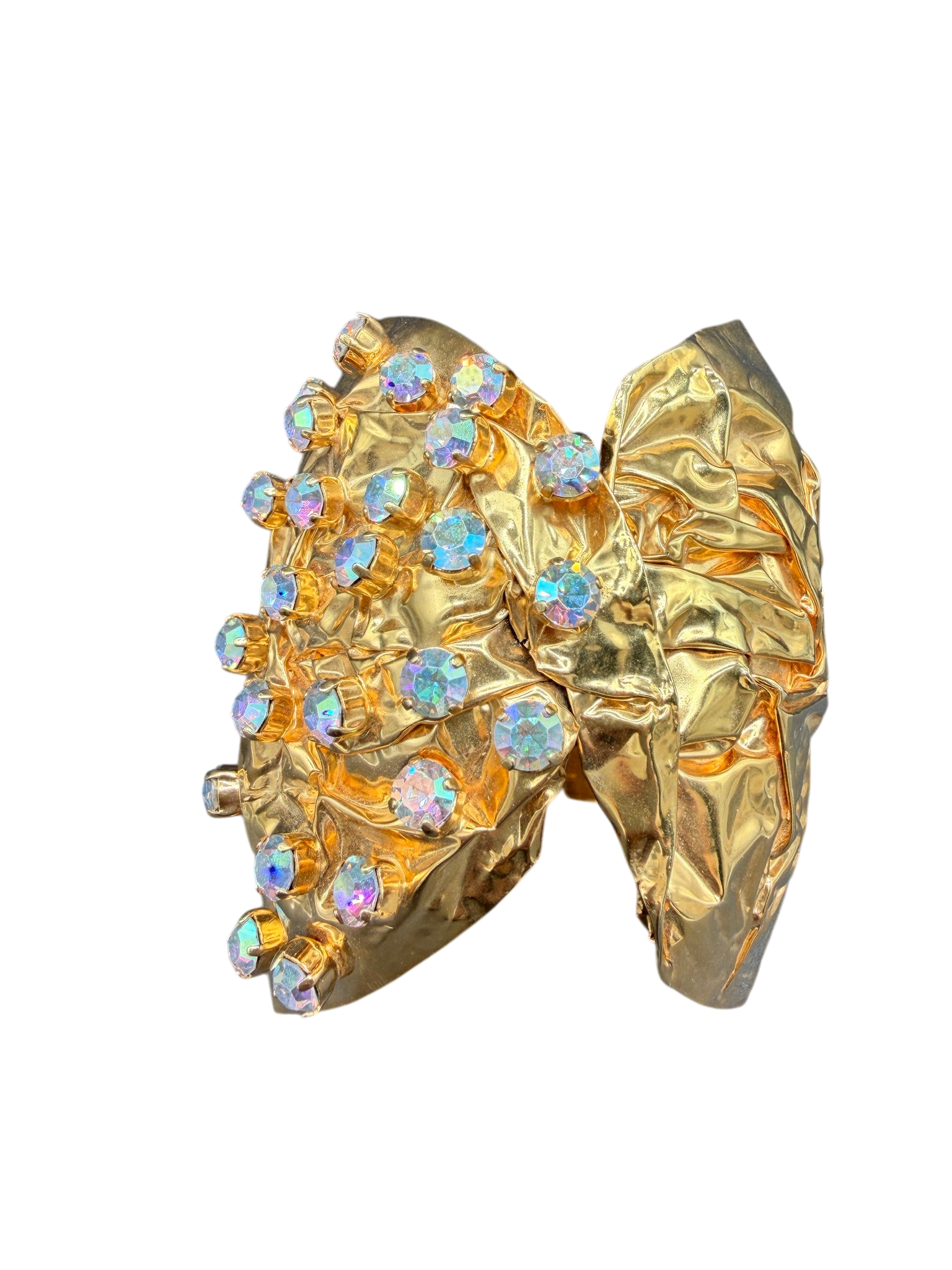 Rare 1980s Haute Couture Gianni De Liguoro Gold Crinkle Bow Cuff Bracelet with AB Swarovski Rhinestones
