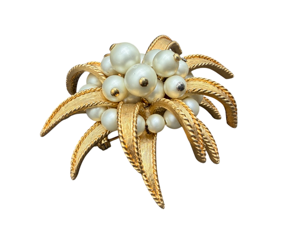 1960s Boucher Gold-Tone Spiked Leaf Tiered Brooch with Faux Pearls