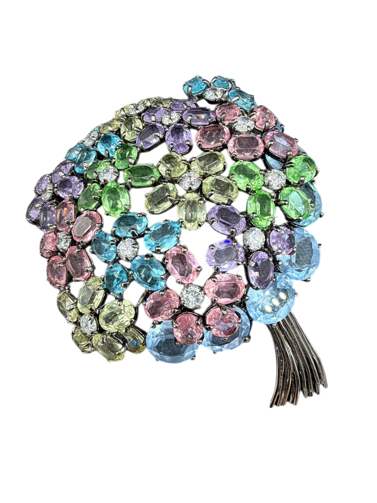 1980s Statement Sterling Silver Pastel Swarovski Crystal Flower Bouquet Brooch