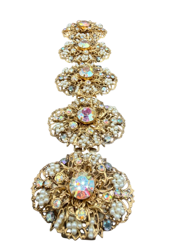 1950s Miriam Haskell AB Rhinestone & Faux Seed Pearl Statement Bracelet & Earring Set (Rare)
