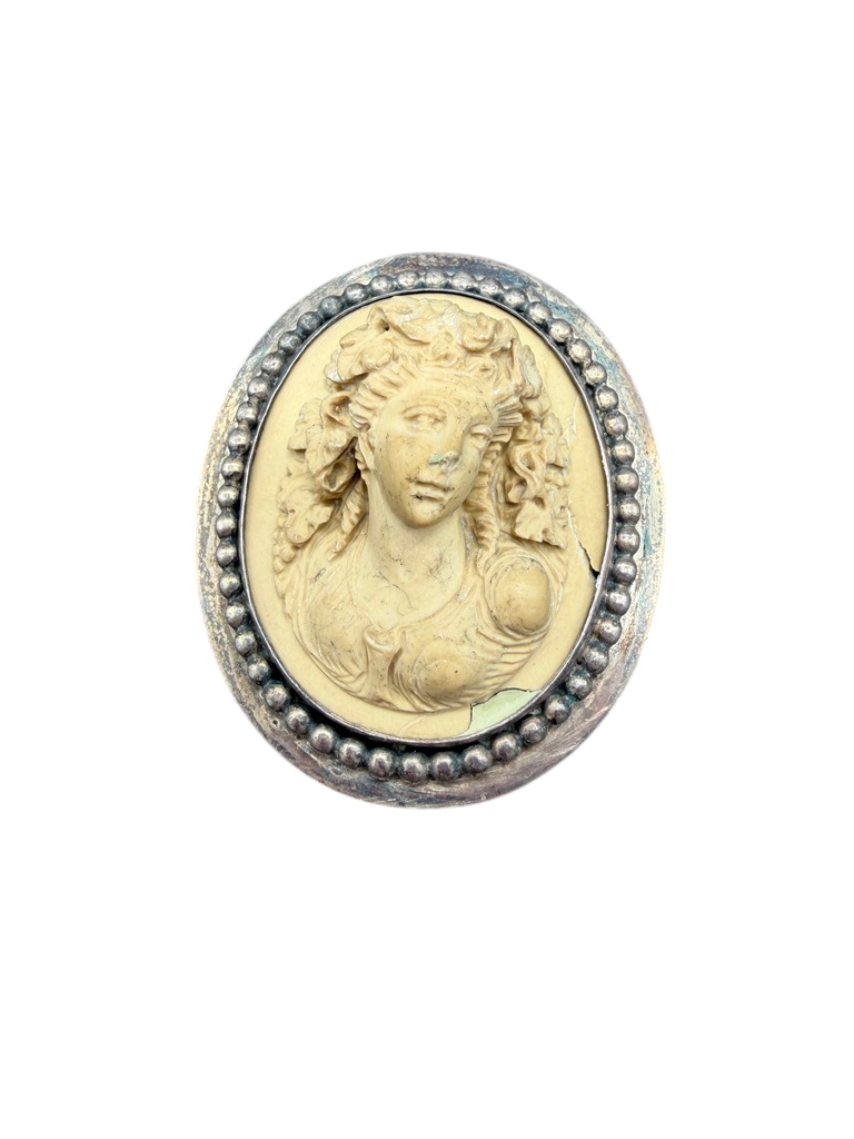 Victorian Large Lava Cameo Brooch of Woman with Leaf Headdress in Sterling Setting