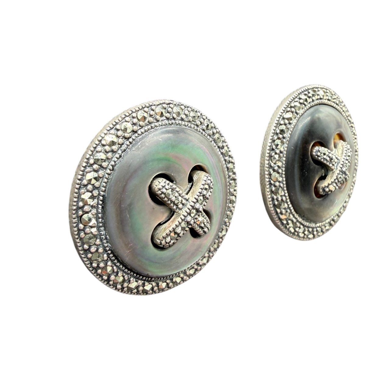1980s Sterling Silver, Mother of Pearl and Marcasite Button Earrings