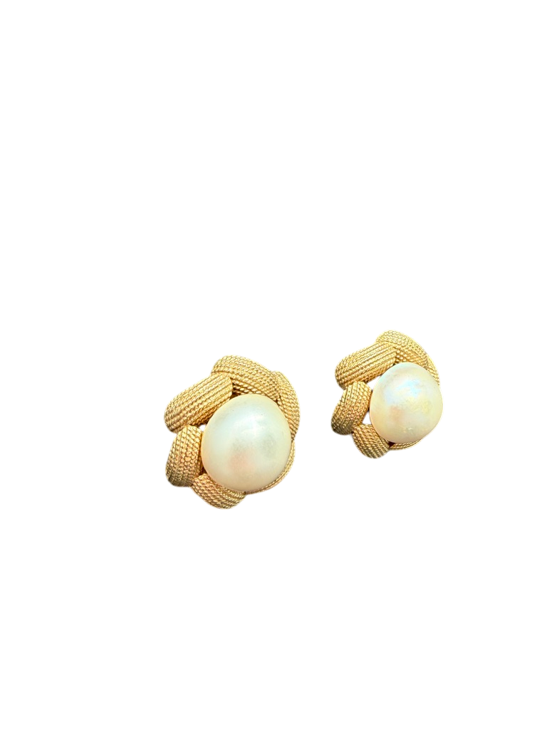 1980s 14K Gold Rope Knot Clip Earrings with Akoya Pearl Centers