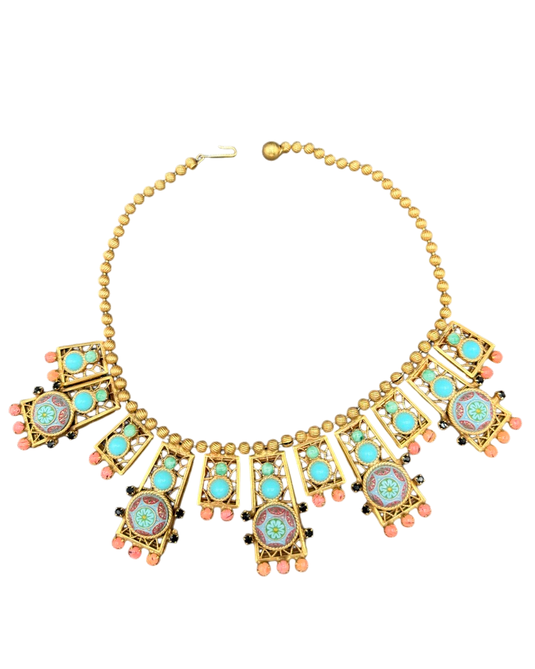 1950s Juliana D & E Moroccan Matrix Necklace with Faux Coral & Turquoise