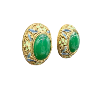 1940s Vermeil Jade Chinese Filigree Clip-On Earrings with Enamel Detail