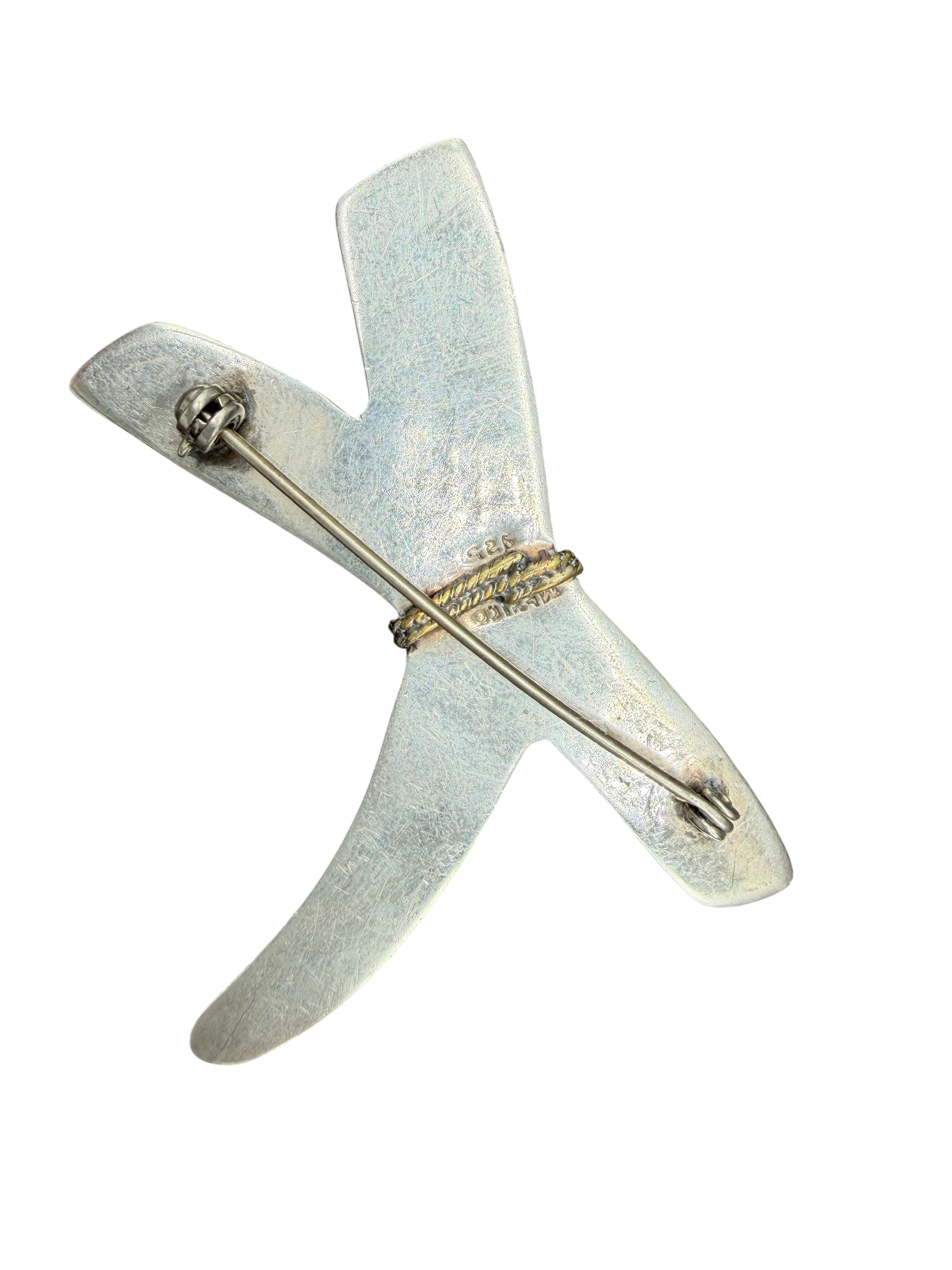 1970s Taxco Mexico Sterling Silver “X” Brooch with Brass Rope Center