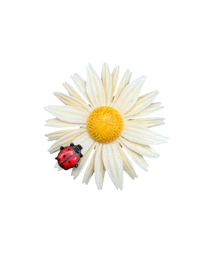1940s Carved Bone Daisy Brooch with Painted Ladybug Detail
