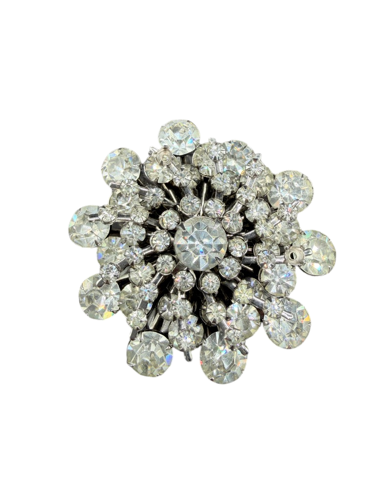 1950s Starburst Cluster Brooch with Prong-Set Clear Rhinestones