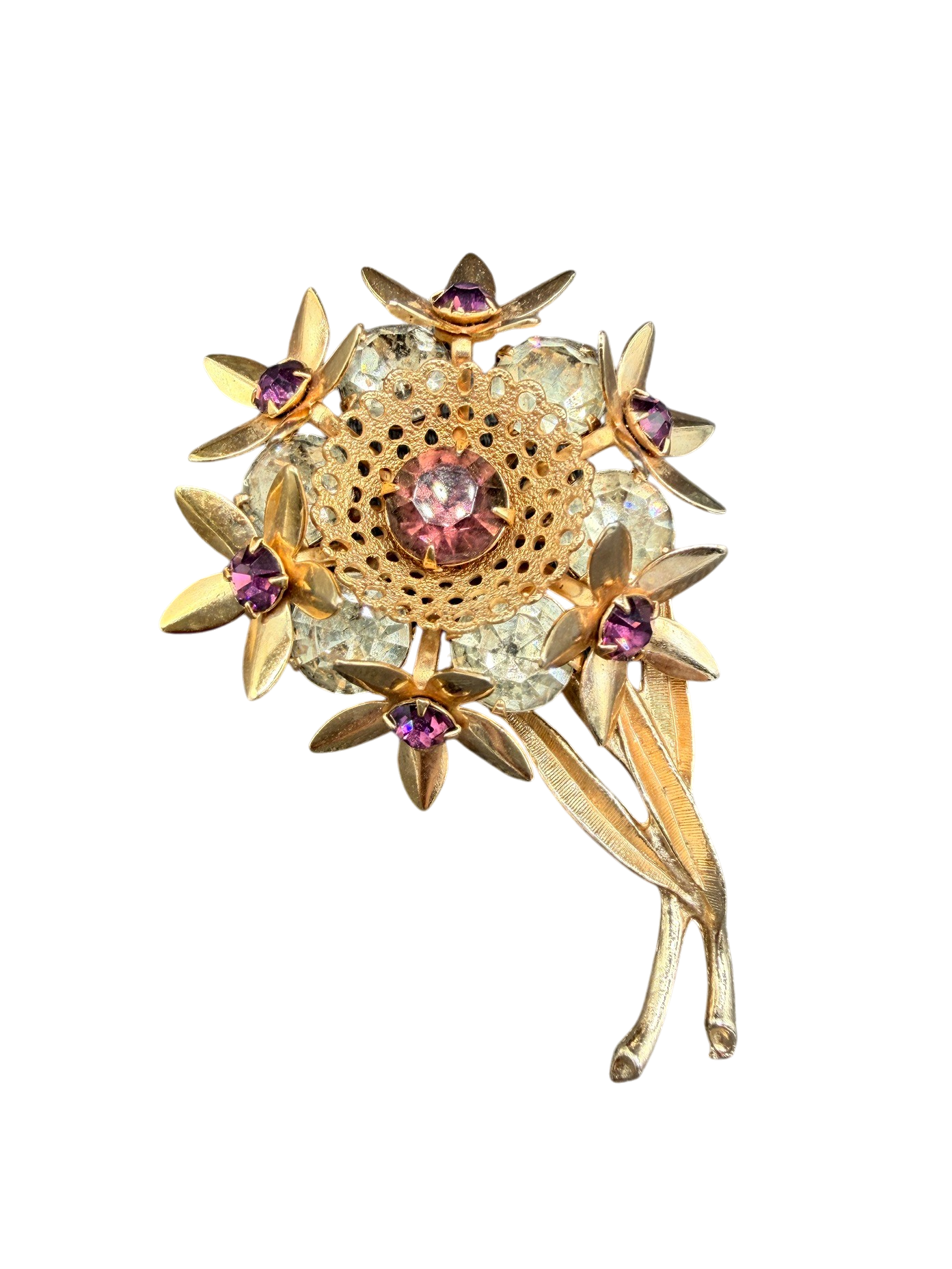 1950s Gold-Tone 3D Floral Brooch with Purple & Clear Rhinestones