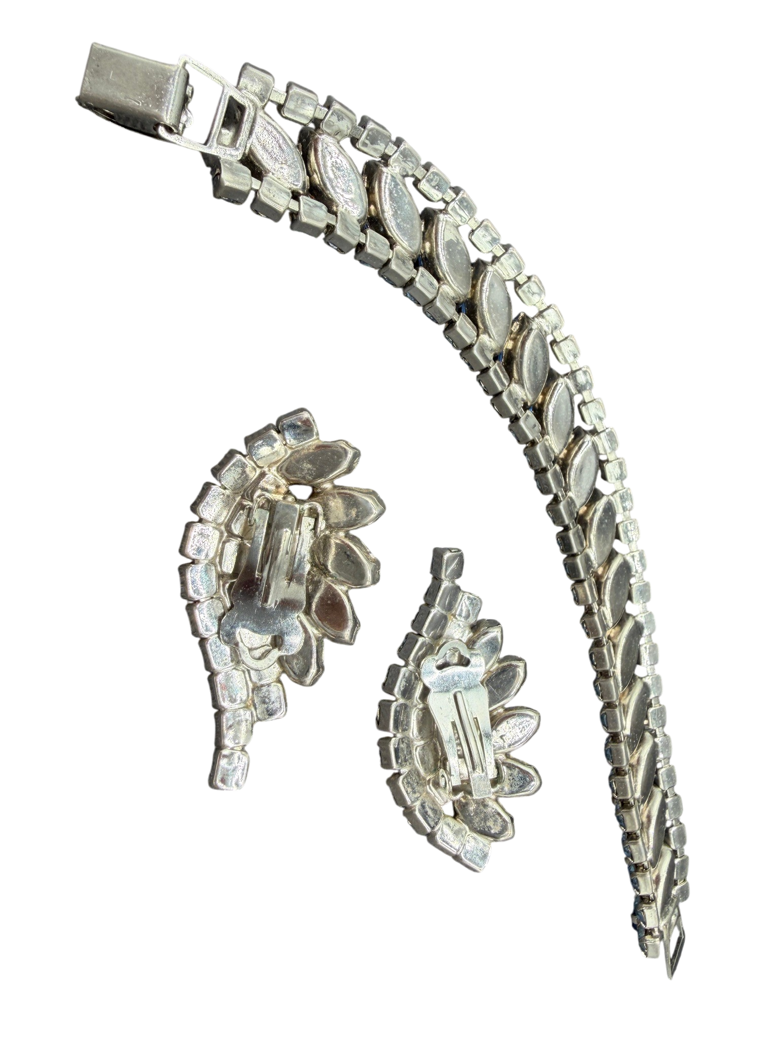 1950s Blue Austrian Crystal Teardrop Earring & Bracelet Set with Marquise Centers (2-Piece)