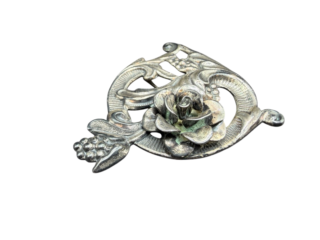 1970s Jewelart Silver-Tone Rose & Filigree Circle Brooch
