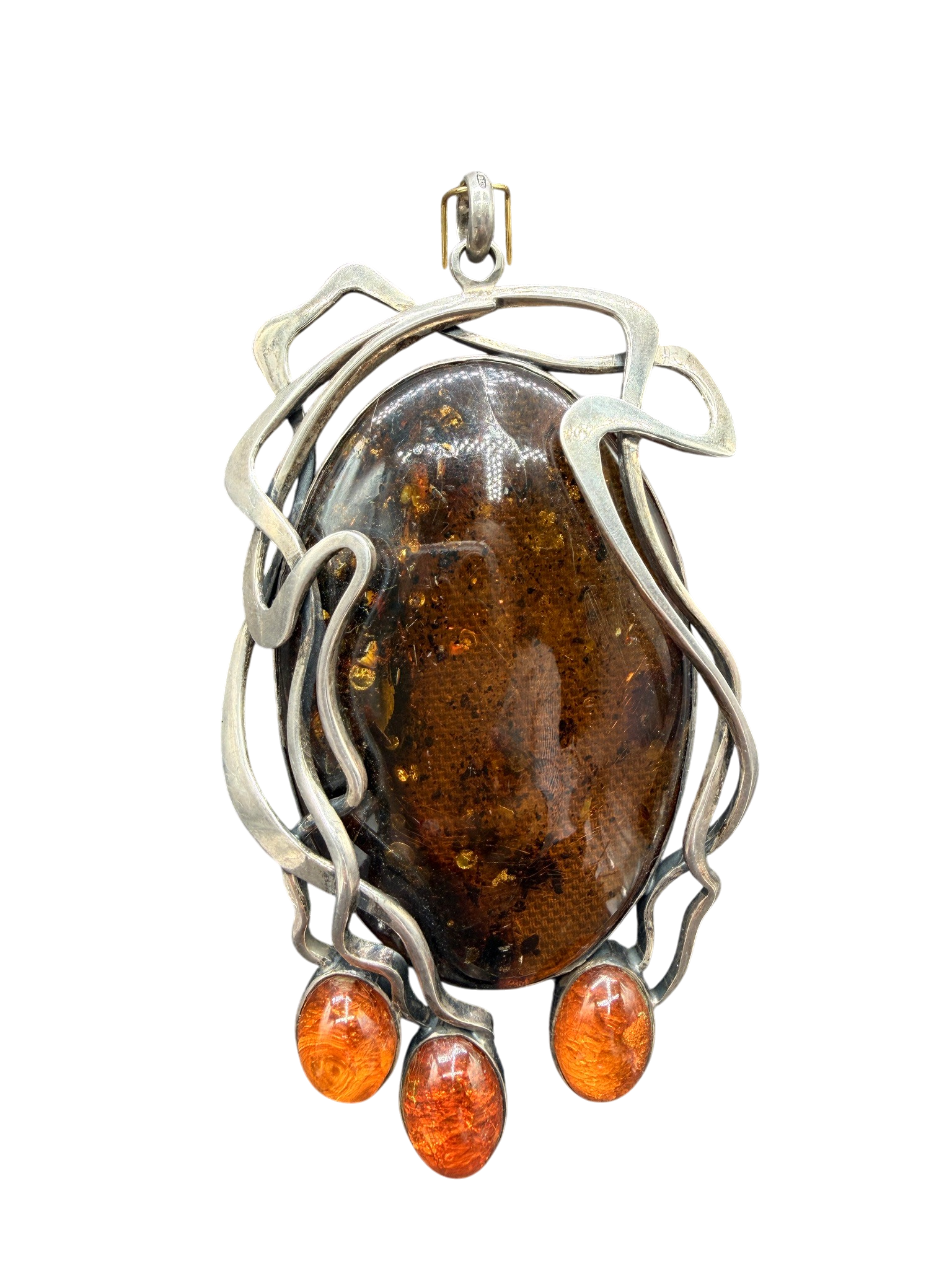 1960s Sterling Silver Artisan Scroll Pendant with Amber Drops