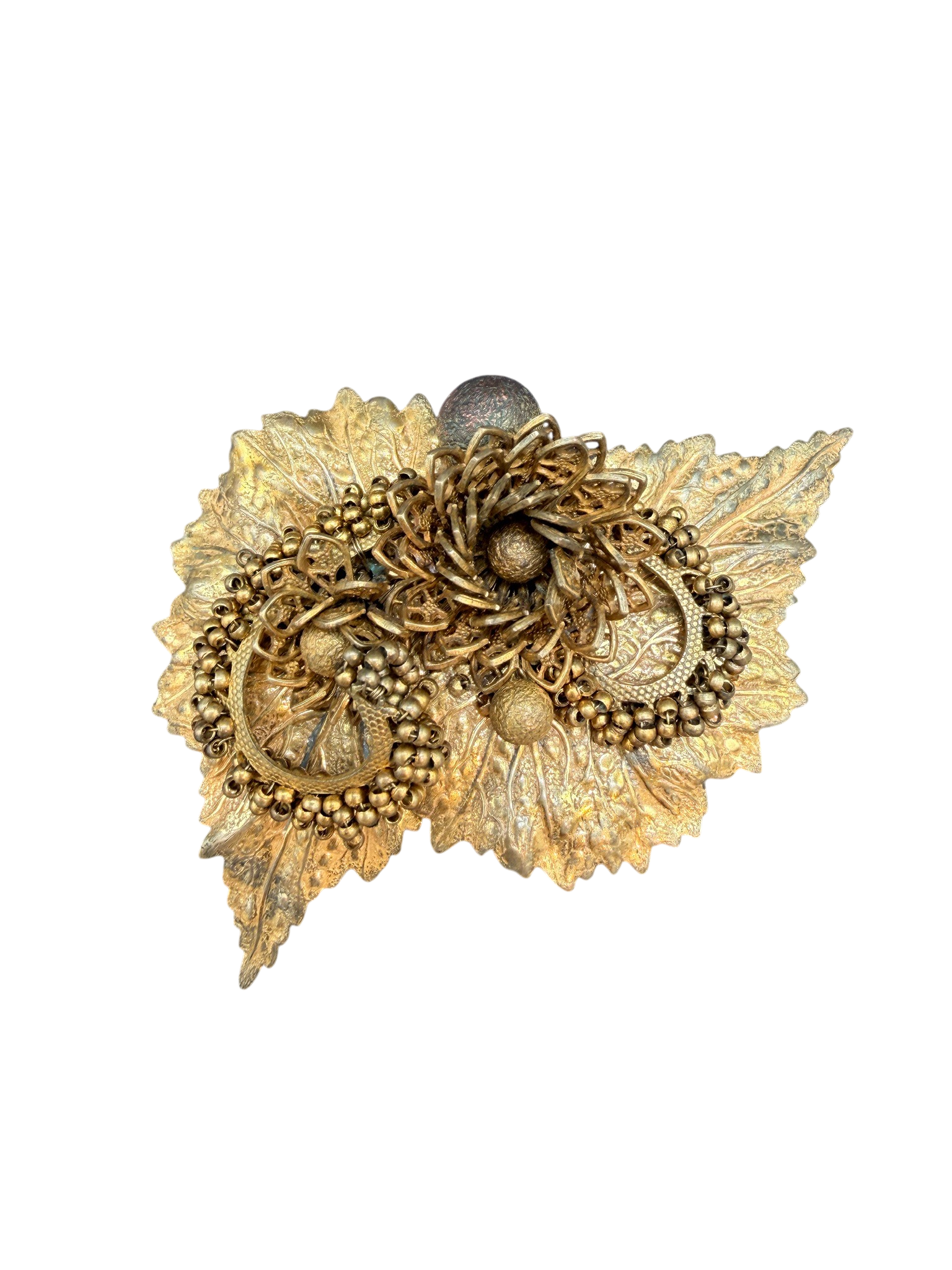 1950s Miriam Haskell Gold-Tone Double Leaf Brooch with Wire Flowers and Beads