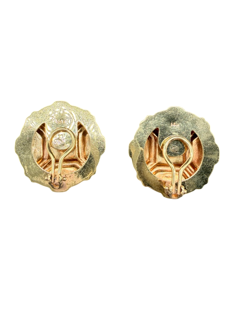 1980s 14K Gold Hollow Disc Clip Earrings with Garnet Cabochons