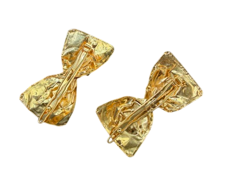 Rare 1980s Haute Couture Gianni De Liguoro Gold Crinkle Bow Hair Barrettes with AB Swarovski Rhinestones