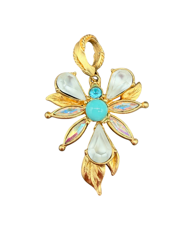 1980s Christian Lacroix Gold-Tone Abstract Flower Pendant with Turquoise and Moonglow Beads
