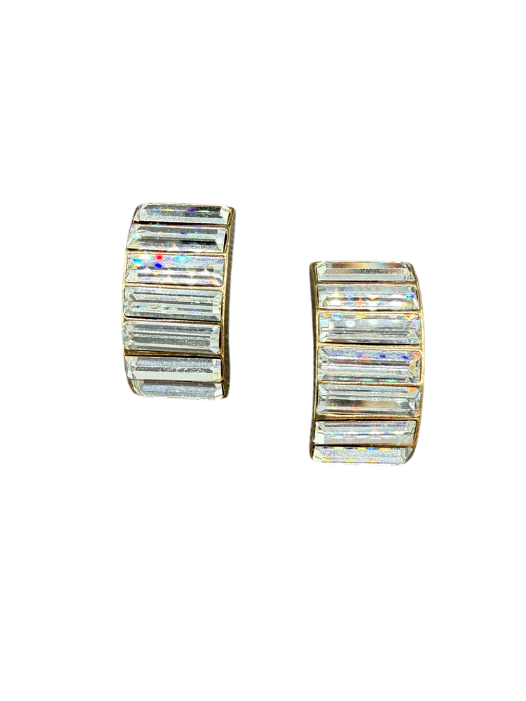 1980s Gold-Tone Half Hoop Earrings with Baguette Crystal Front