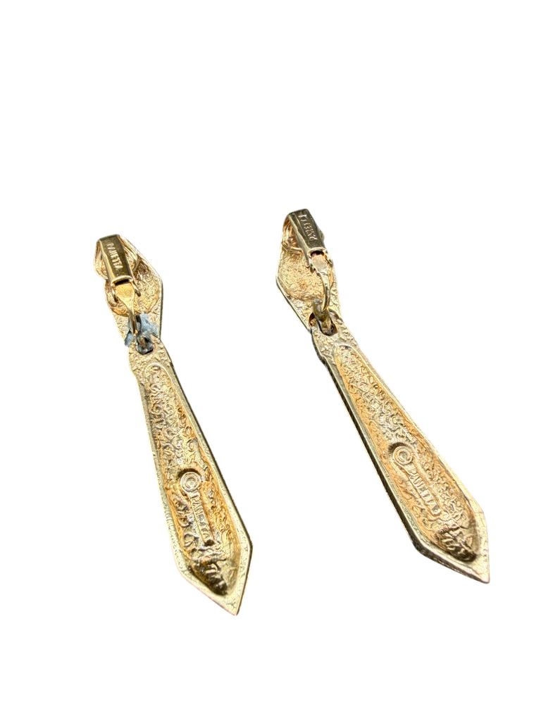 MCM 1970s Panetta Gold-Tone Tie-Shaped Drop Earrings with Pavé Rhinestones