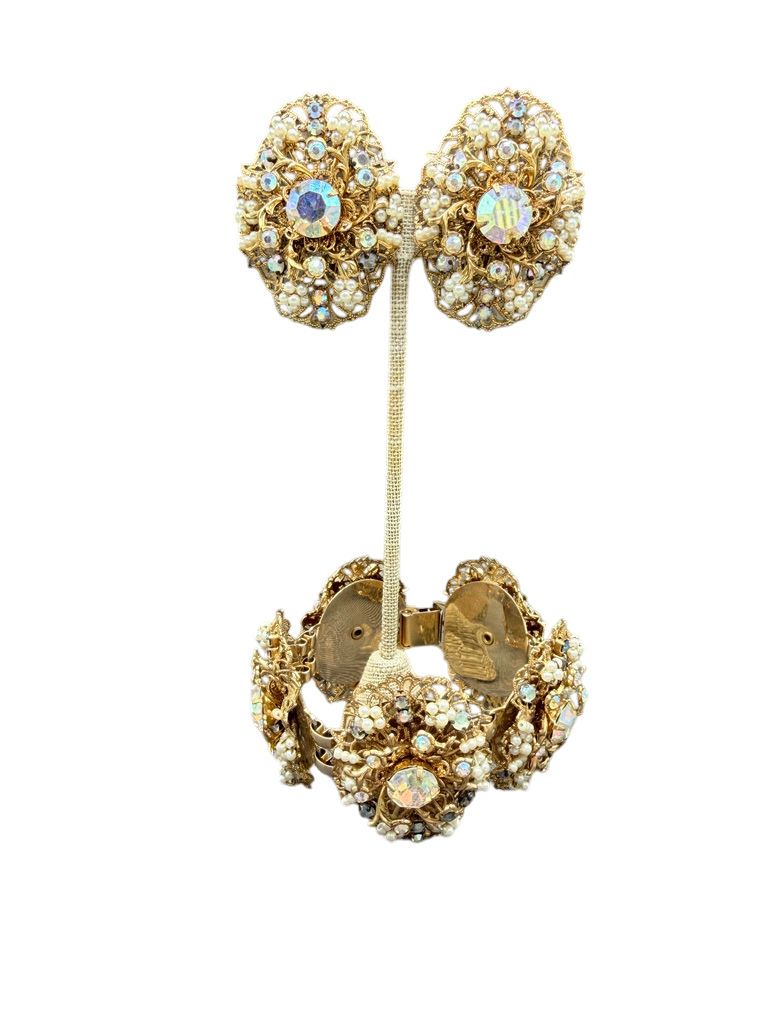 1950s Miriam Haskell AB Rhinestone & Faux Seed Pearl Statement Bracelet & Earring Set (Rare)