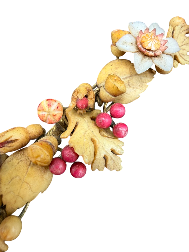 Antique 1900s Carved Bone Brooch with Henna-Dyed Floral Design