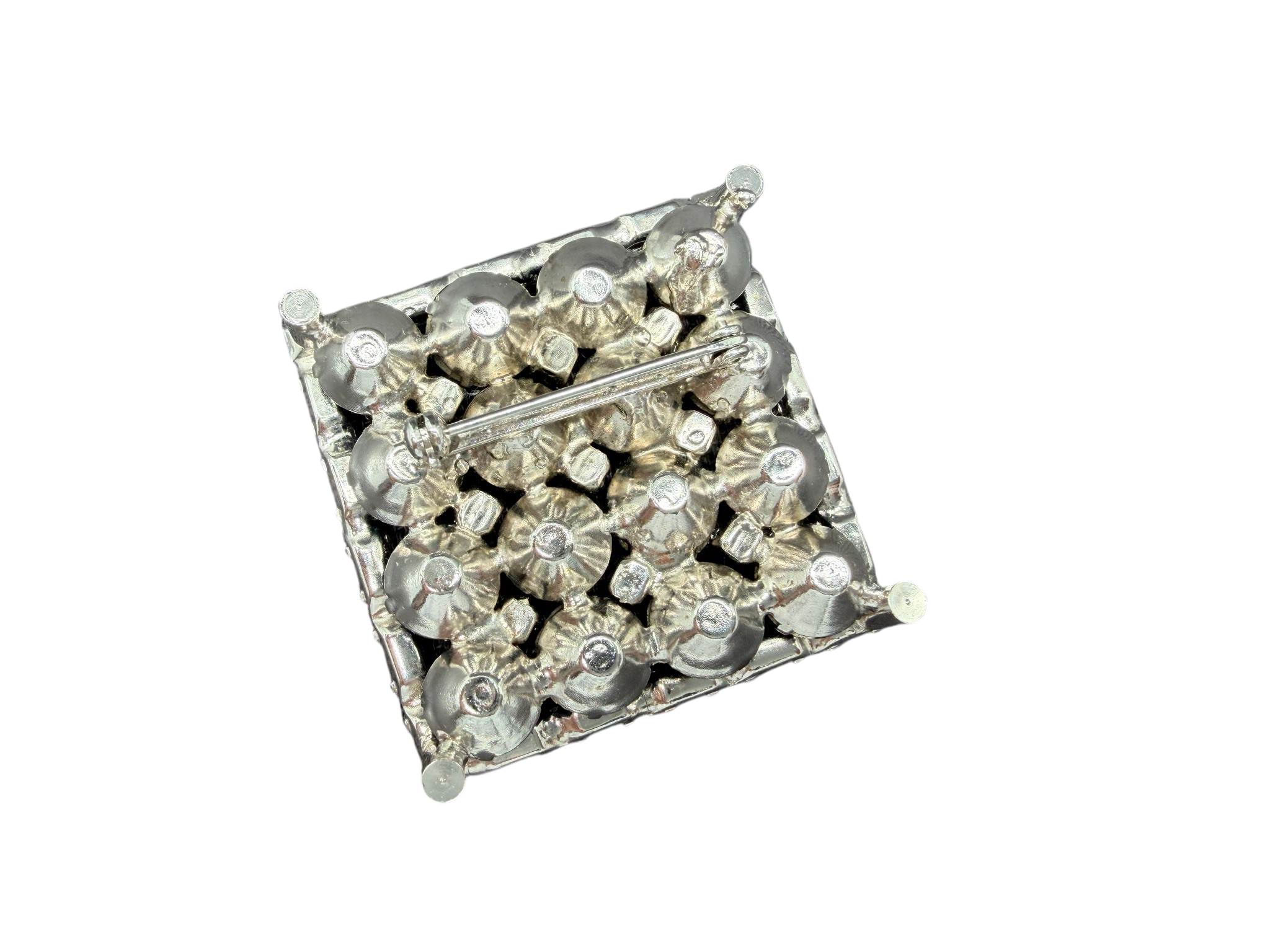 1950s Silver-Tone Square Brooch with Blue Rhinestones