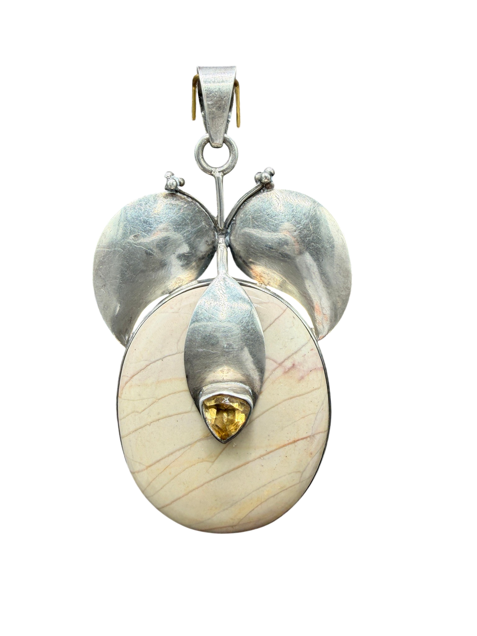 1970s Sterling Silver Jasper Pendant with Leaf and Quartz Detail