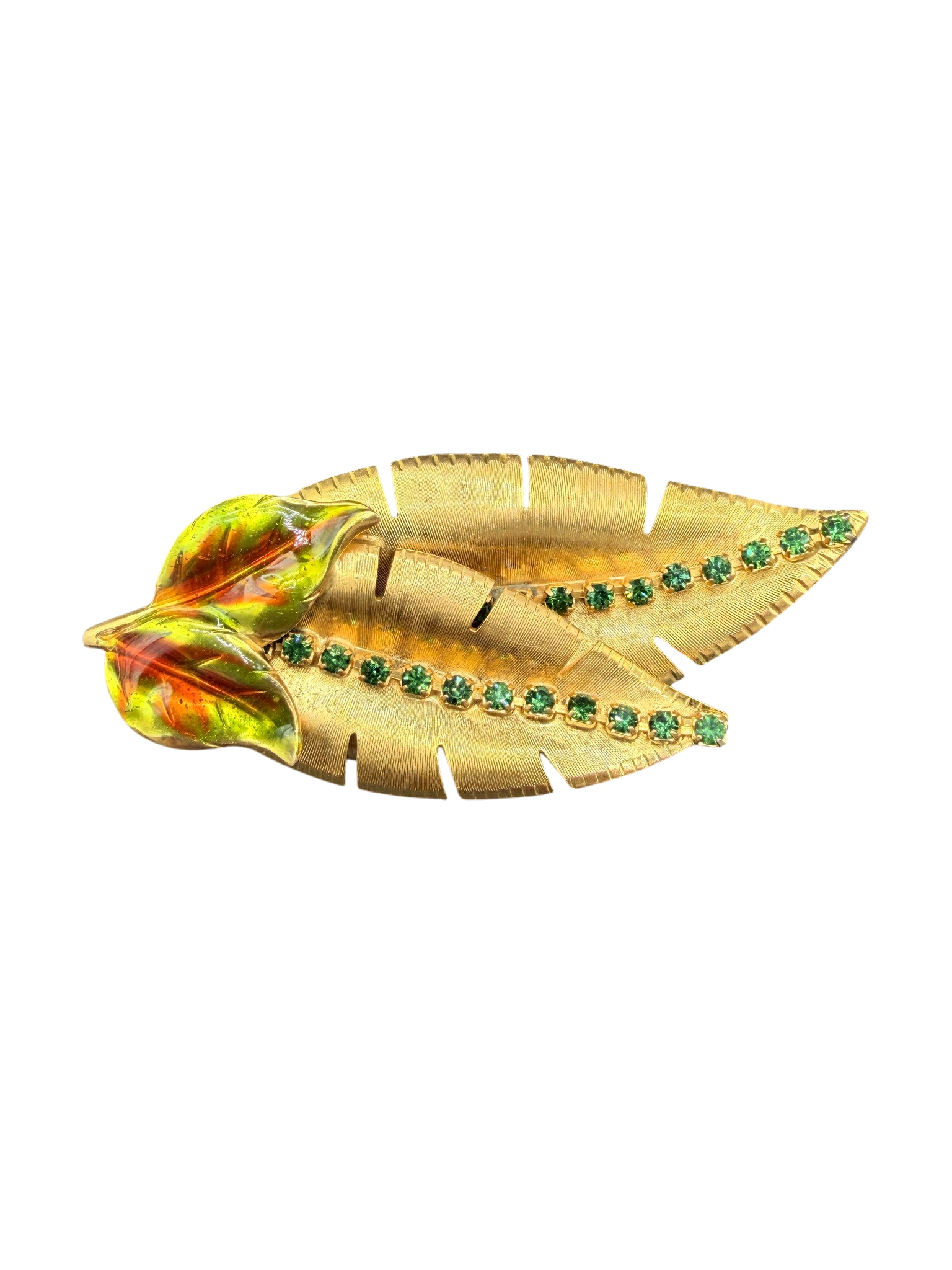 1960s Gold-Tone Double Leaf Brooch with Green Rhinestones and Enamel Detail