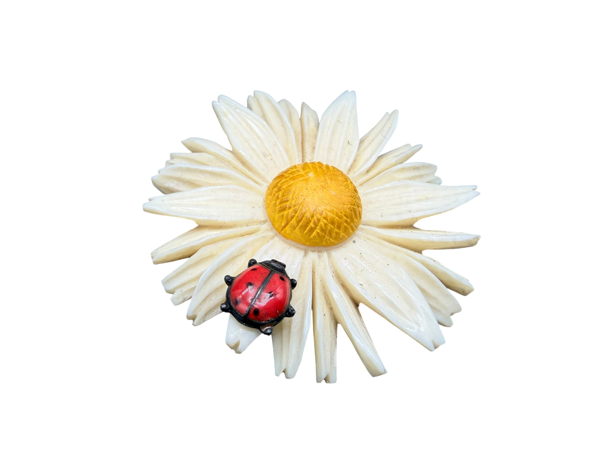 1940s Carved Bone Daisy Brooch with Painted Ladybug Detail
