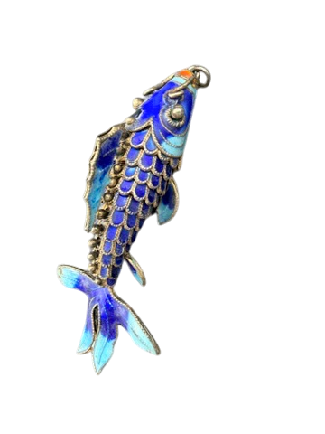 1920s Sterling Silver & Cobalt Cloisonné Enamel Articulated Koi Fish Brooch