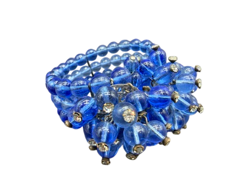 1950s Miriam Haskell Cobalt Glass Beaded Wire Clamper Bracelet with Dangle Ends and Matching Earrings